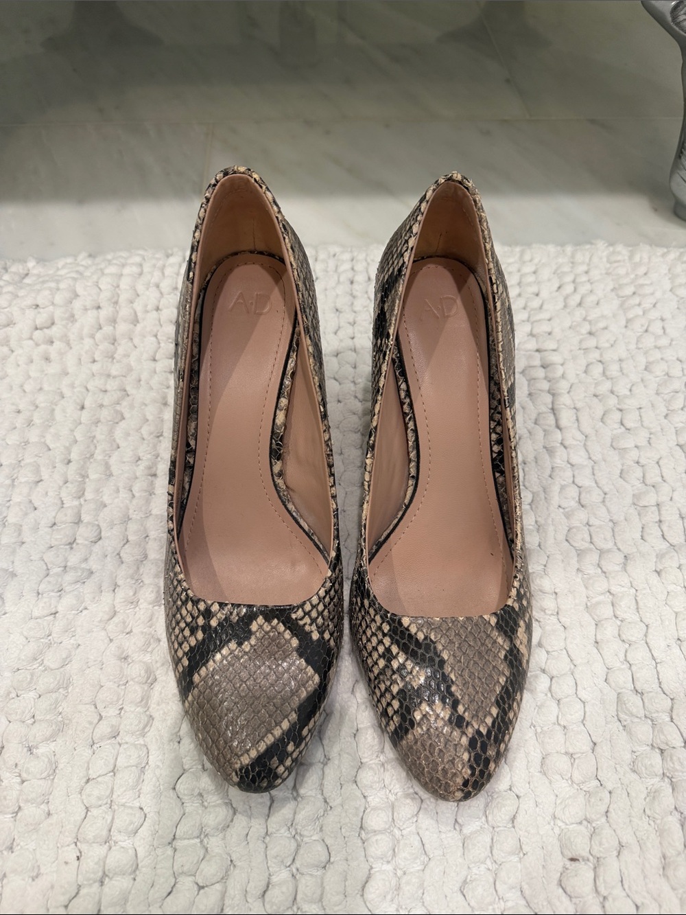 Snake-Print Almond Toe Heels in Beige and Black